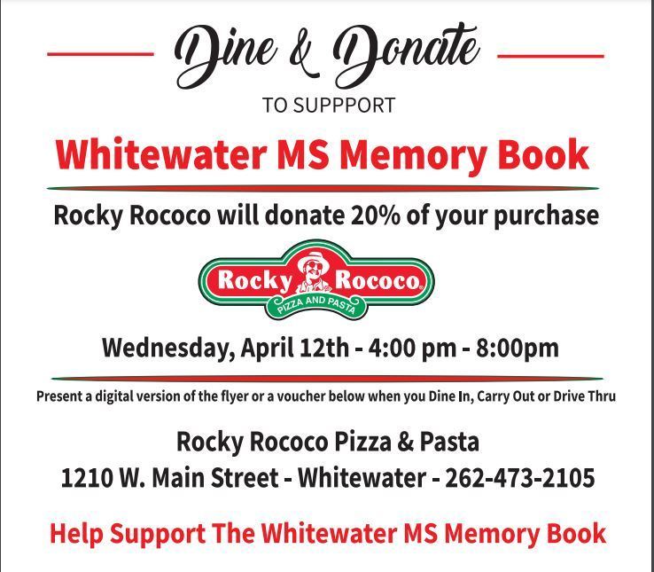 Wording advertising Memory Book Fundraiser at Rocky Rococo's